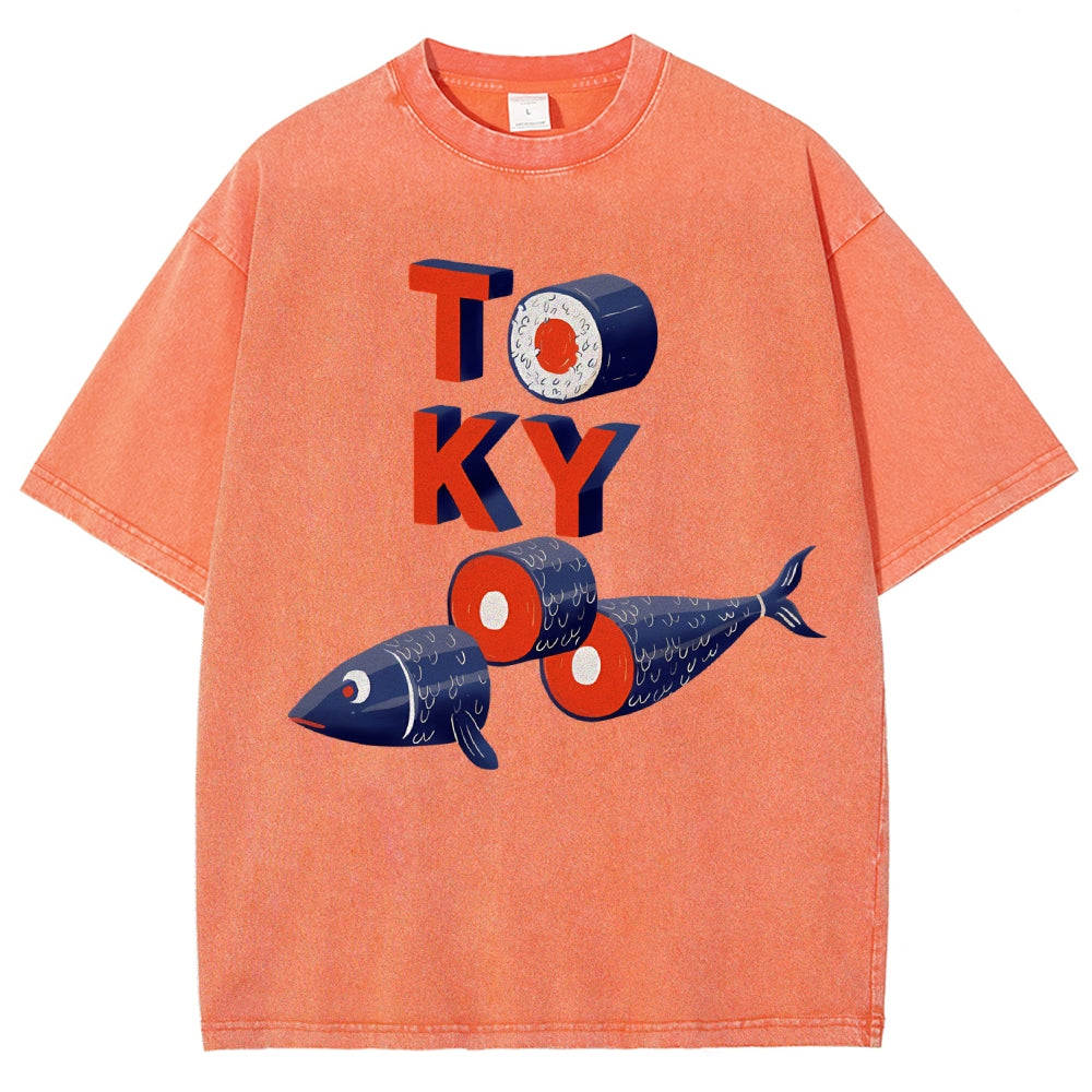 Unisex Tokyo Sushi Fish Printed Washed Tee