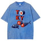 Unisex Tokyo Sushi Fish Printed Washed Tee
