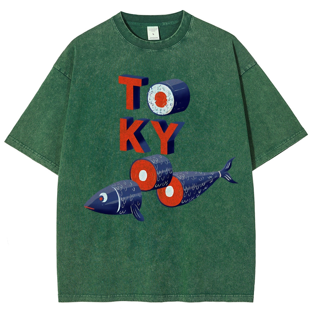Unisex Tokyo Sushi Fish Printed Washed Tee