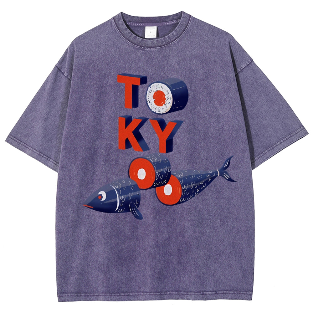 Unisex Tokyo Sushi Fish Printed Washed Tee