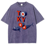 Unisex Tokyo Sushi Fish Printed Washed Tee