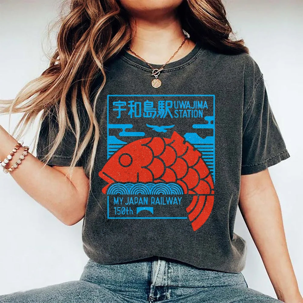 Unisex Japanese Fish Printed Washed Tee