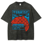 Unisex Japanese Fish Printed Washed Tee