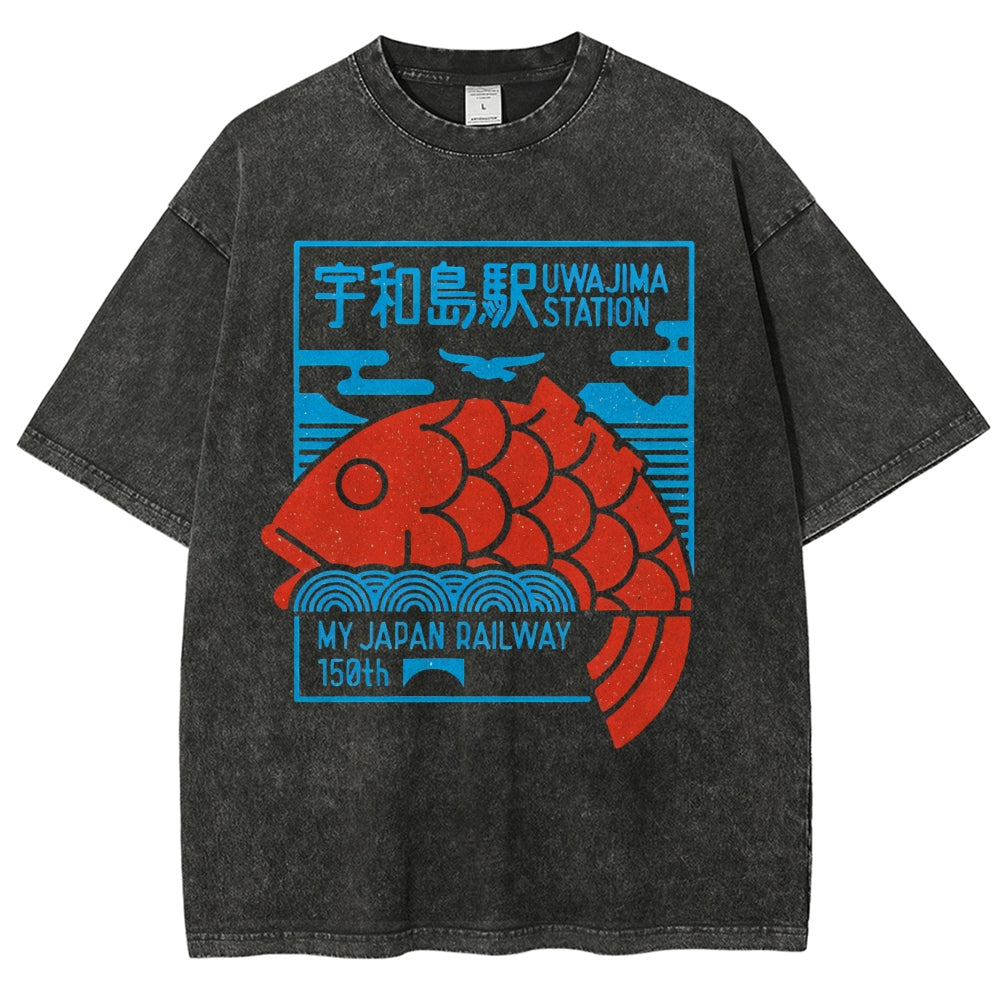 Unisex Japanese Fish Printed Washed Tee