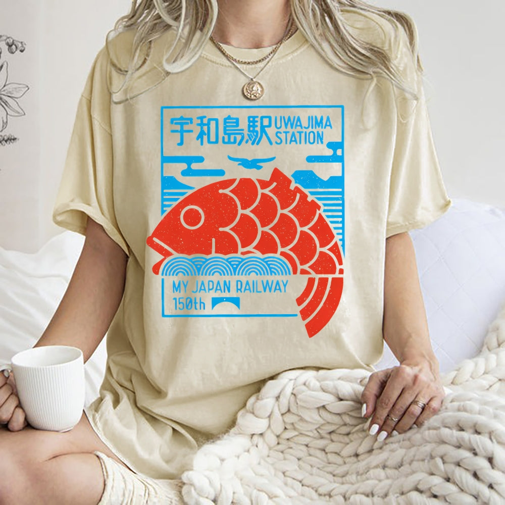 Unisex Japanese Fish Printed Washed Tee