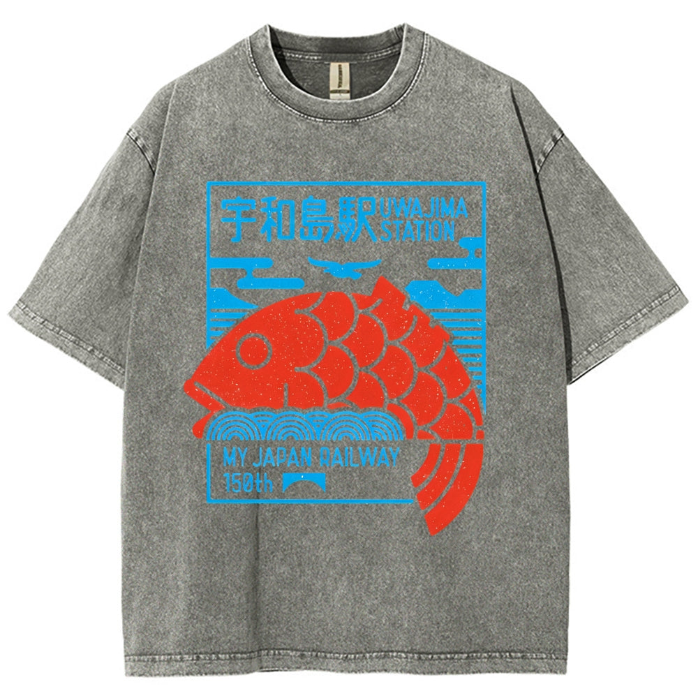 Unisex Japanese Fish Printed Washed Tee