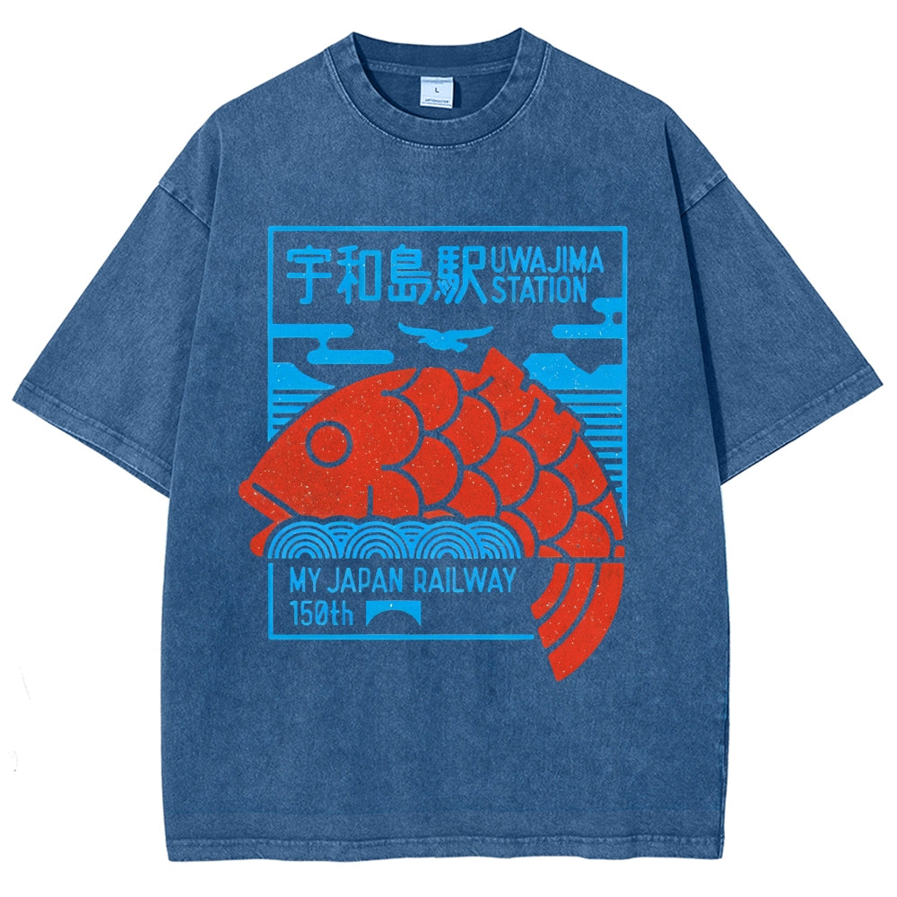 Unisex Japanese Fish Printed Washed Tee
