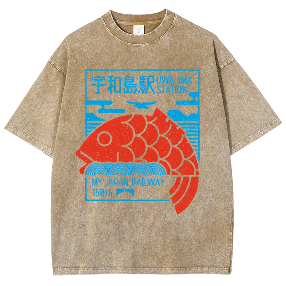 Unisex Japanese Fish Printed Washed Tee