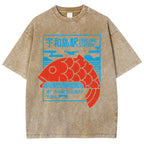 Unisex Japanese Fish Printed Washed Tee