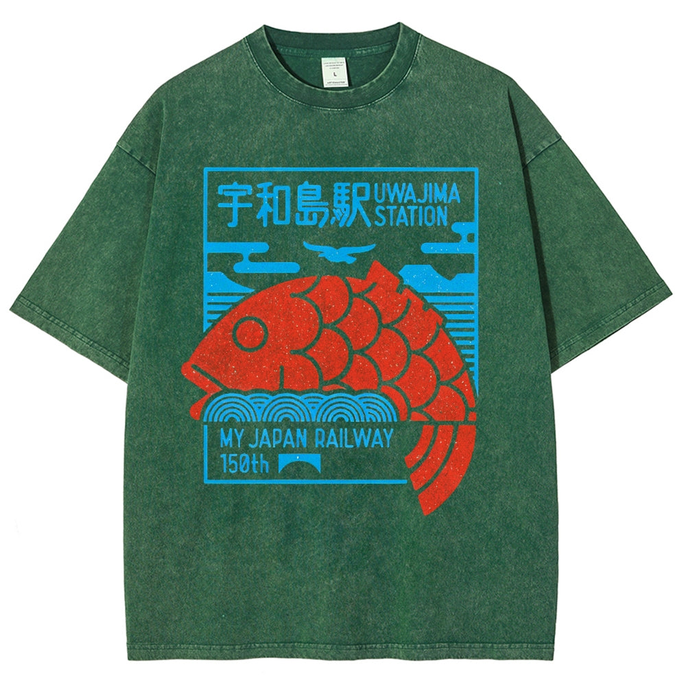 Unisex Japanese Fish Printed Washed Tee