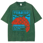 Unisex Japanese Fish Printed Washed Tee