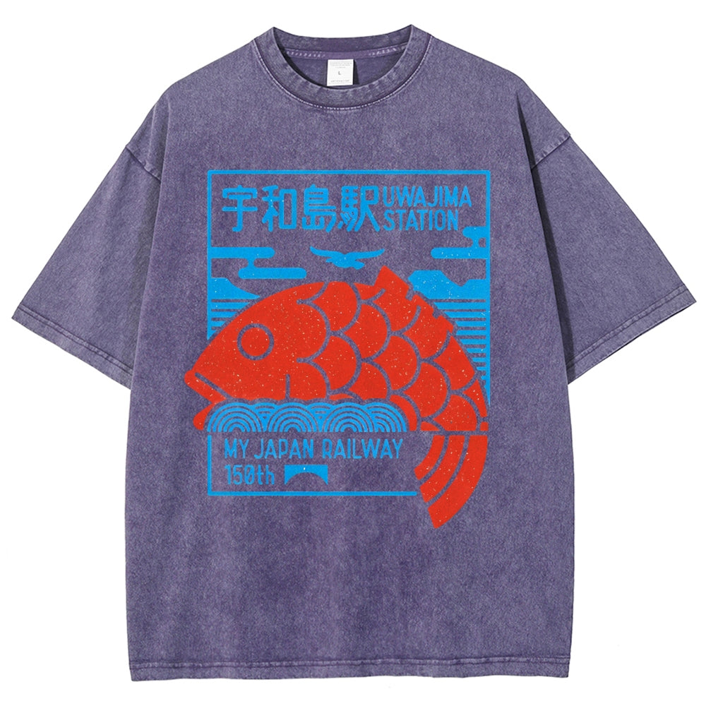 Unisex Japanese Fish Printed Washed Tee