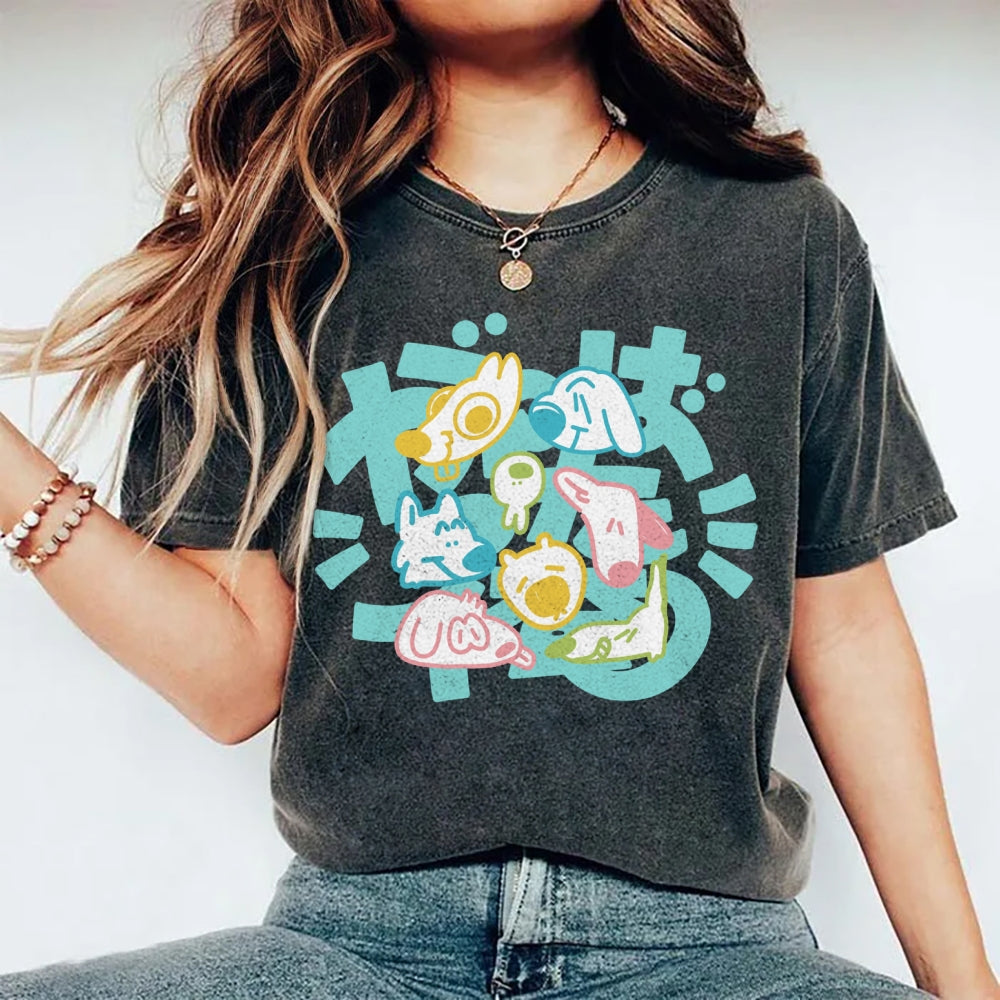 Unisex Japanese Cute Dog Printed Washed Tee