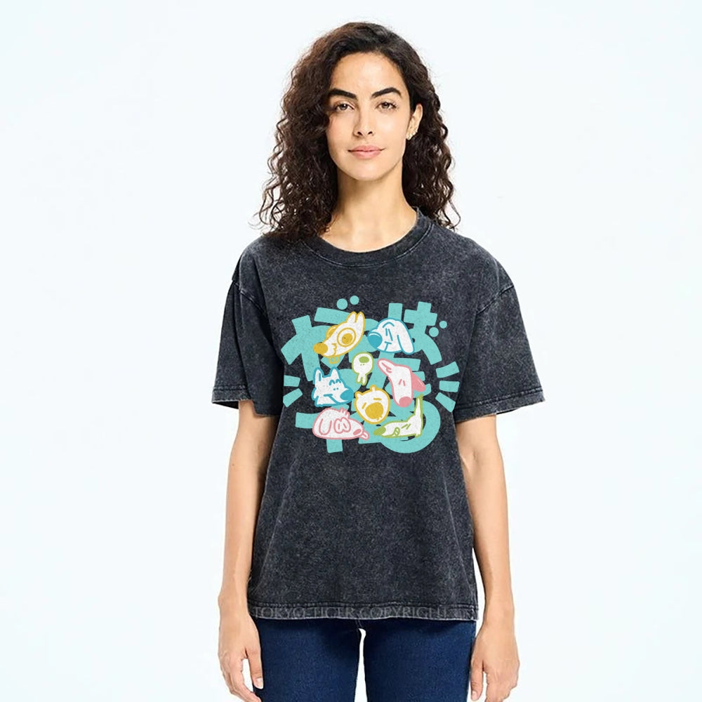 Unisex Japanese Cute Dog Printed Washed Tee
