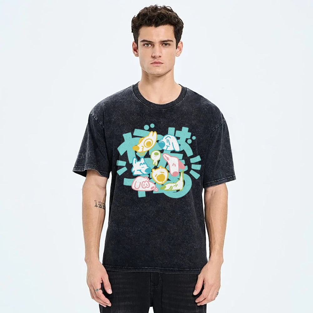Unisex Japanese Cute Dog Printed Washed Tee