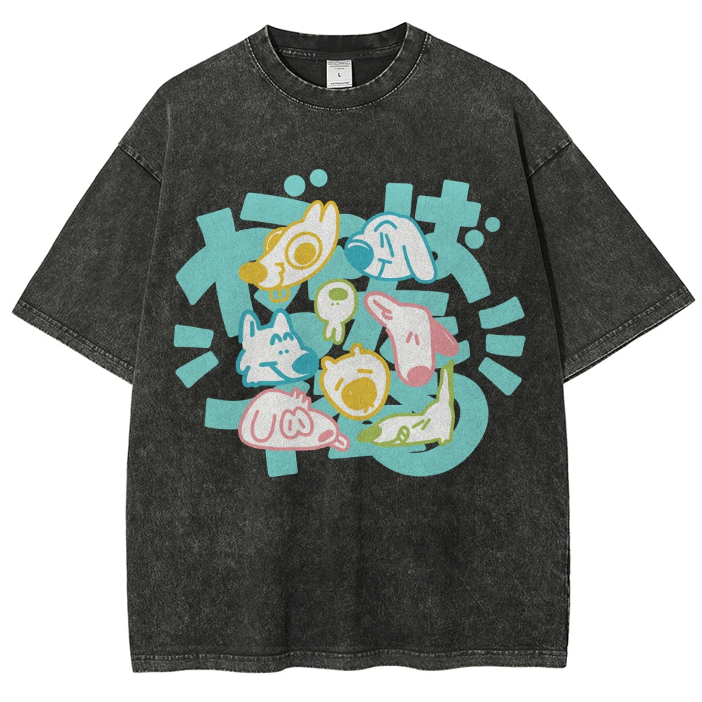Unisex Japanese Cute Dog Printed Washed Tee