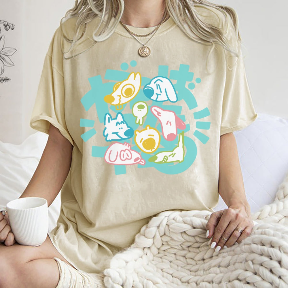Unisex Japanese Cute Dog Printed Washed Tee
