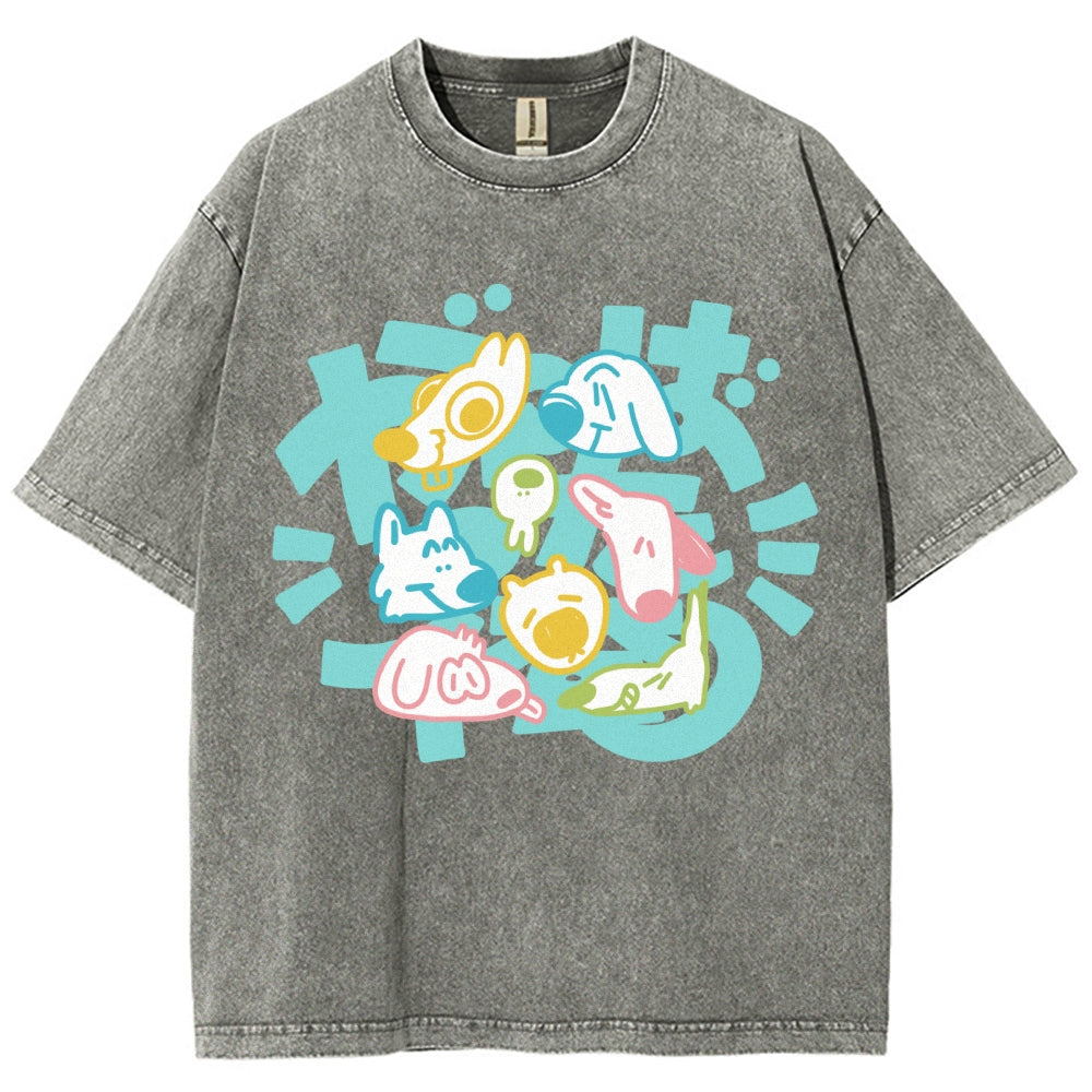 Unisex Japanese Cute Dog Printed Washed Tee