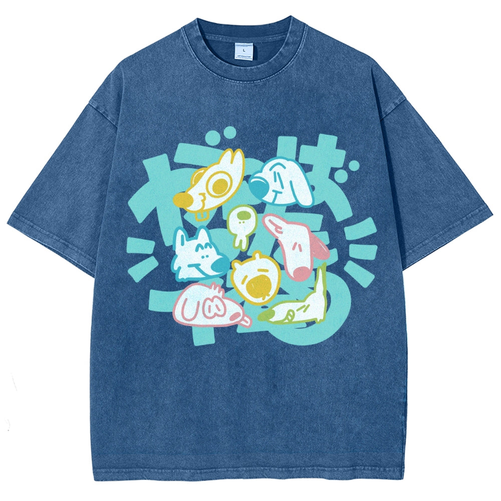 Unisex Japanese Cute Dog Printed Washed Tee