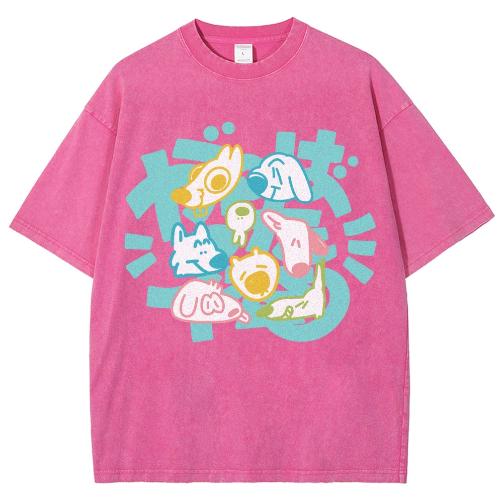 Unisex Japanese Cute Dog Printed Washed Tee