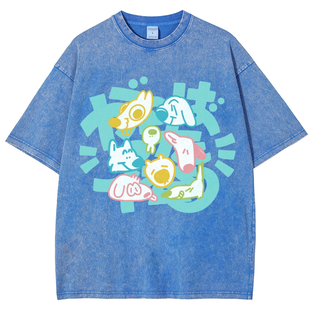 Unisex Japanese Cute Dog Printed Washed Tee