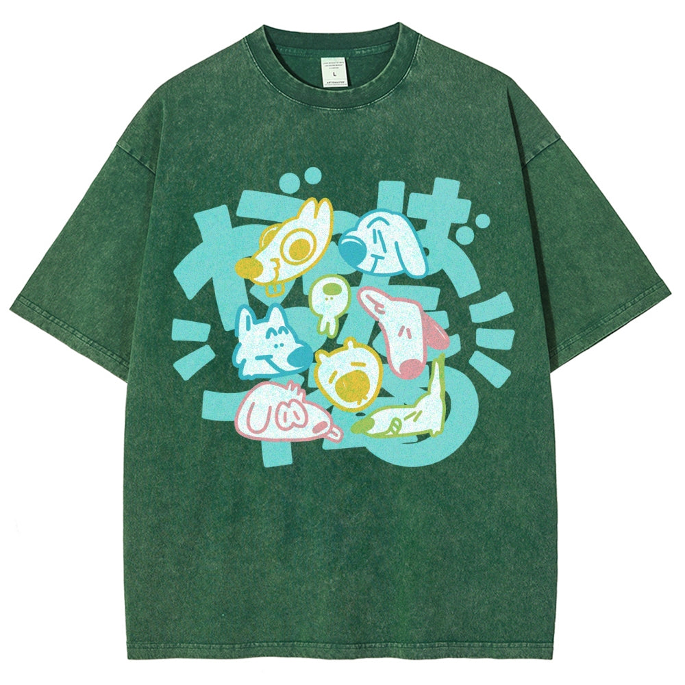 Unisex Japanese Cute Dog Printed Washed Tee