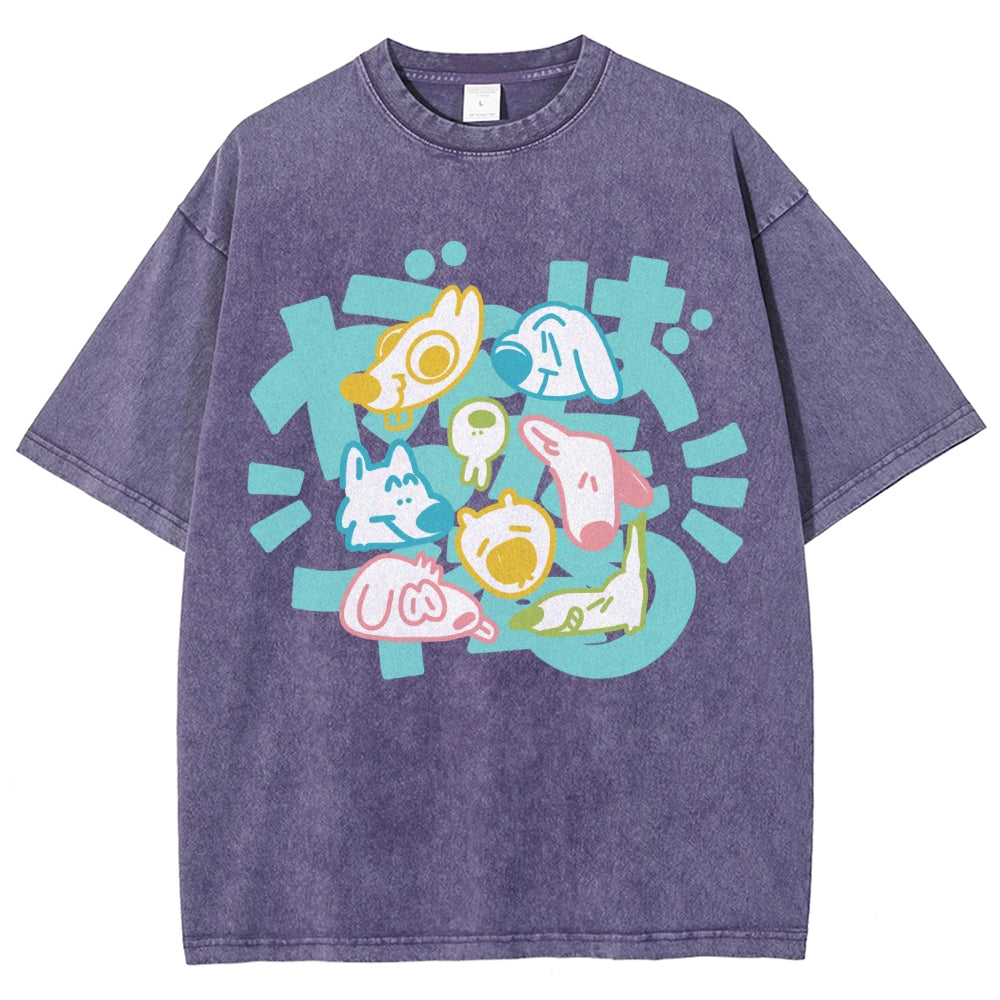 Unisex Japanese Cute Dog Printed Washed Tee