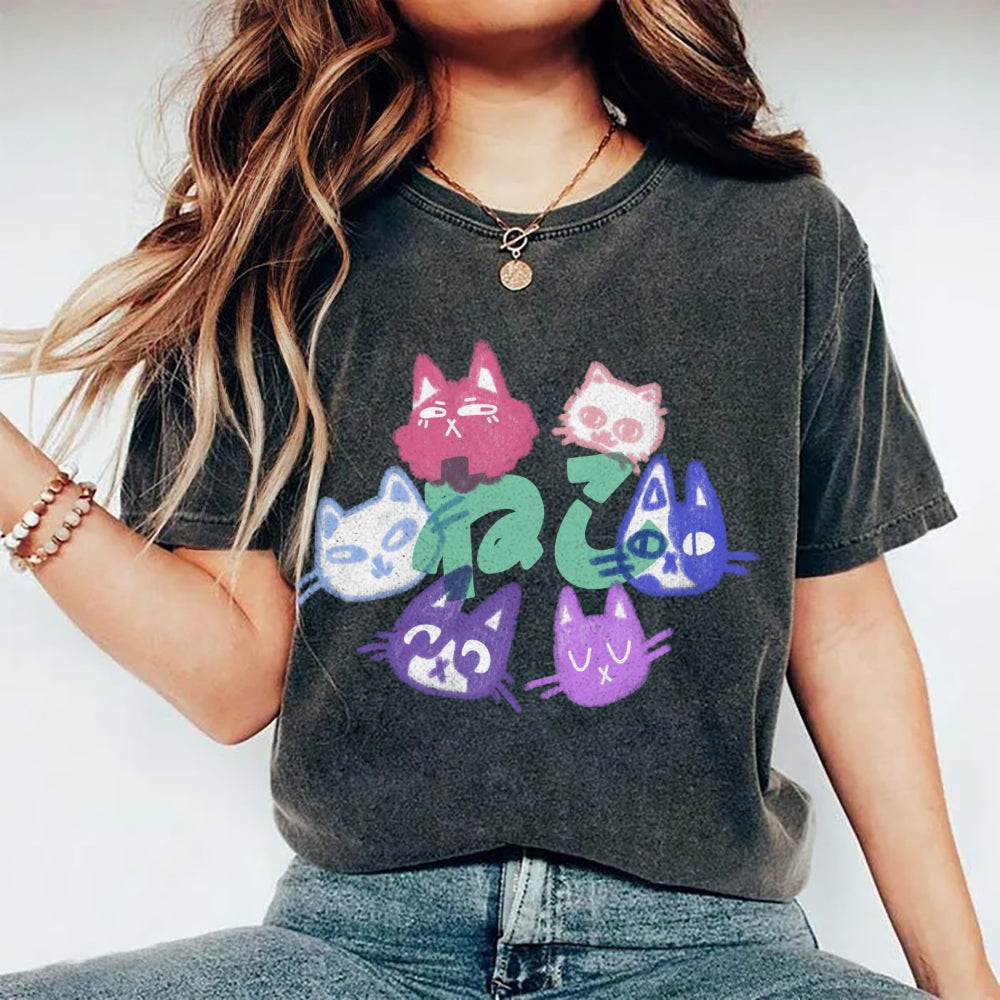 Unisex Japanese Cute Cat Printed Washed Tee
