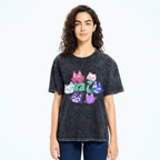 Unisex Japanese Cute Cat Printed Washed Tee