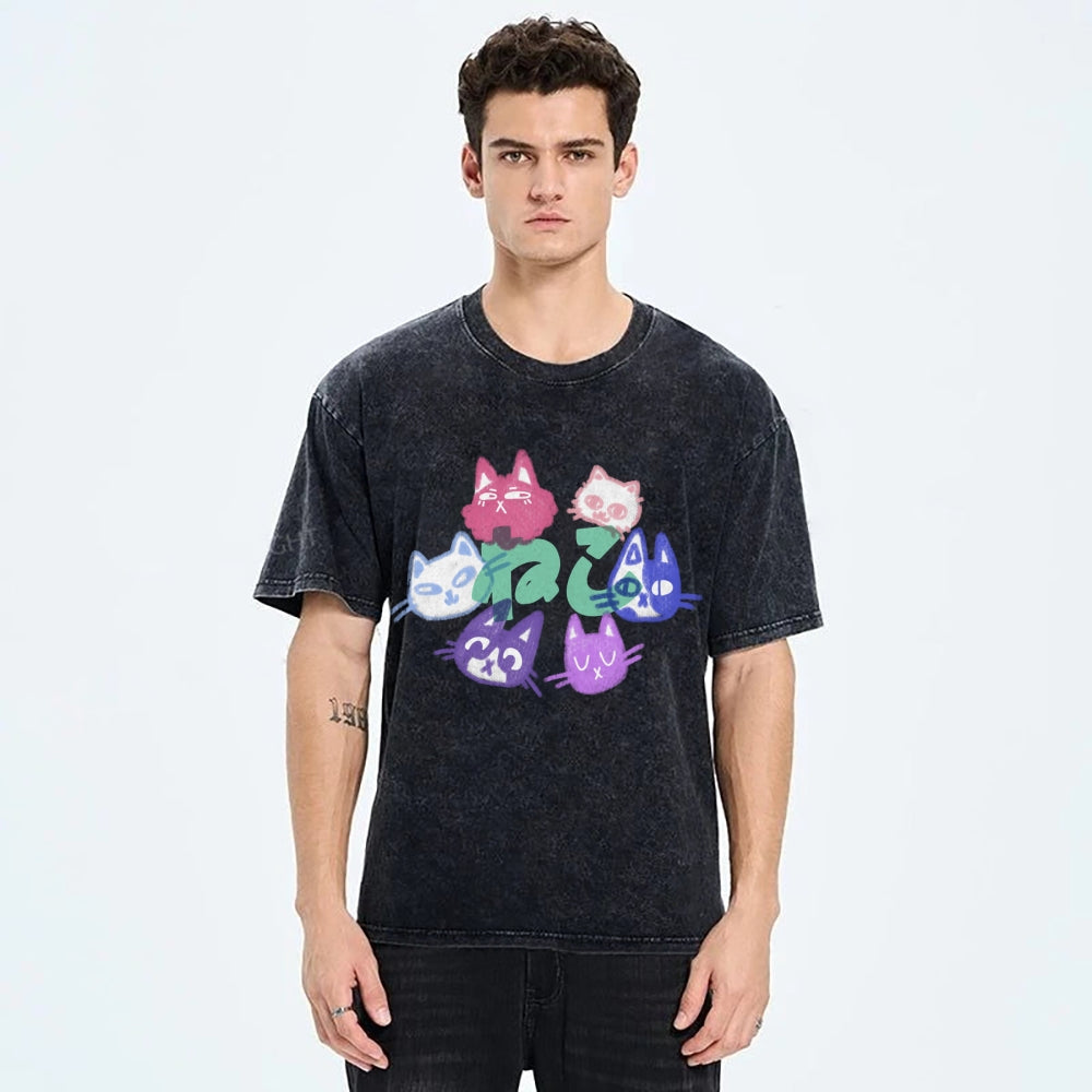 Unisex Japanese Cute Cat Printed Washed Tee