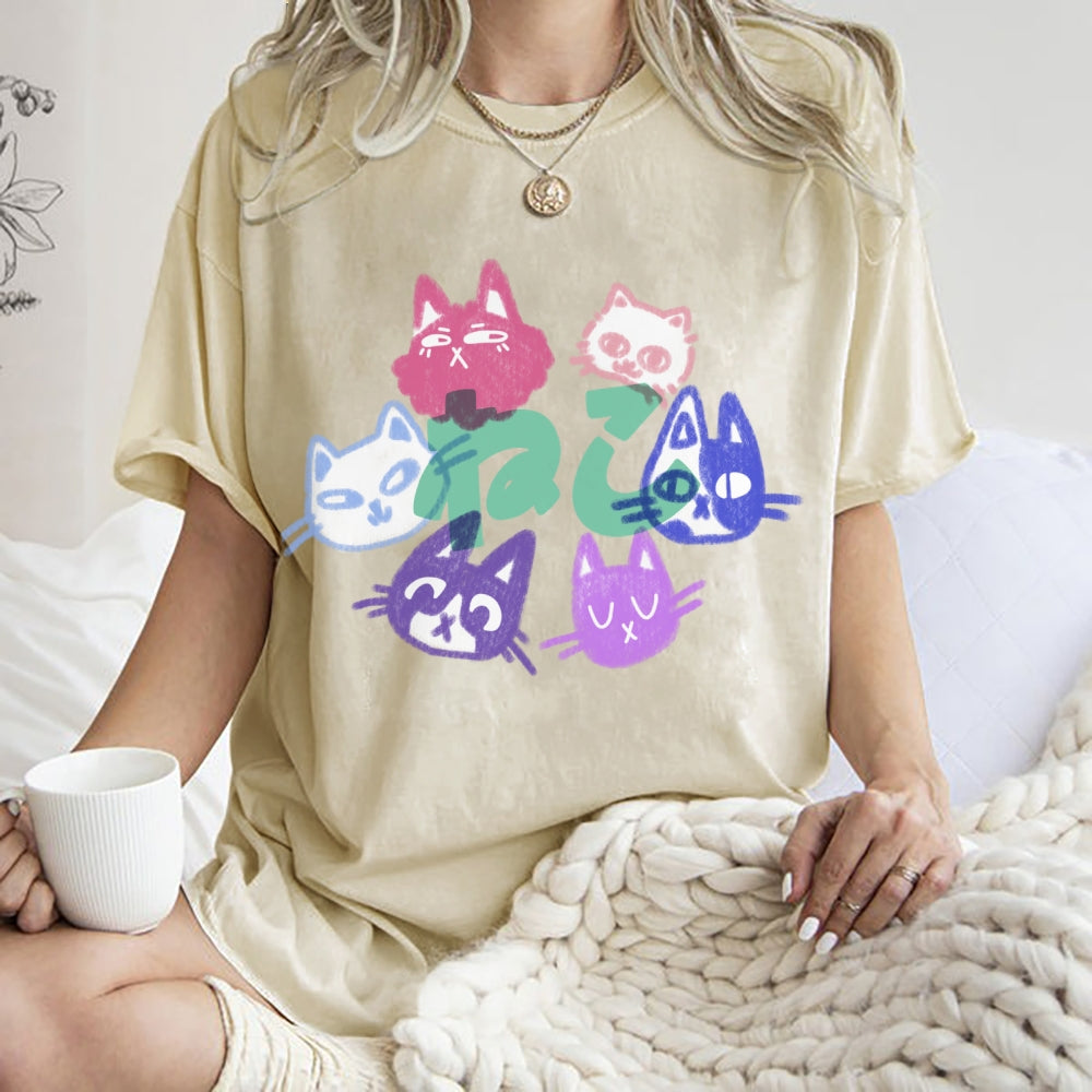 Unisex Japanese Cute Cat Printed Washed Tee