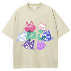 Unisex Japanese Cute Cat Printed Washed Tee