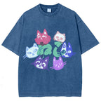 Unisex Japanese Cute Cat Printed Washed Tee