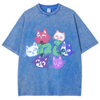 Unisex Japanese Cute Cat Printed Washed Tee