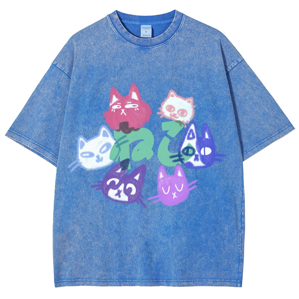 Unisex Japanese Cute Cat Printed Washed Tee