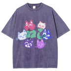 Unisex Japanese Cute Cat Printed Washed Tee