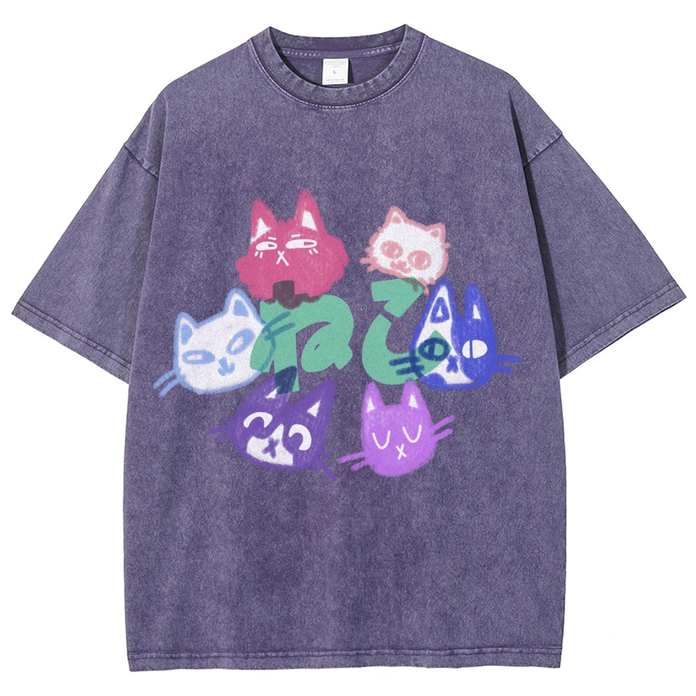 Unisex Japanese Cute Cat Printed Washed Tee
