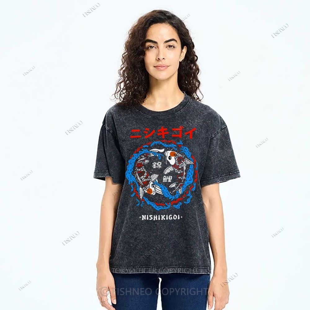 Unisex Japanese Koi Printed Washed Tee