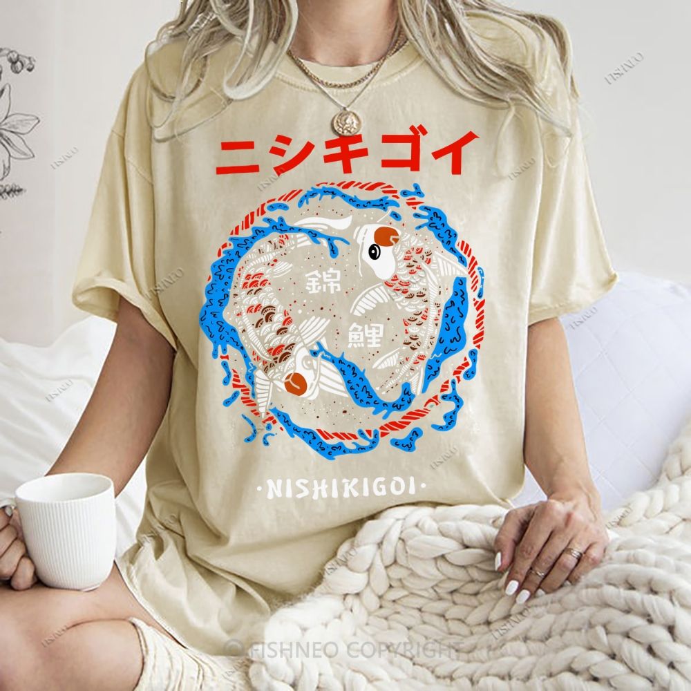 Unisex Japanese Koi Printed Washed Tee