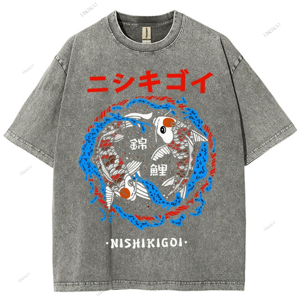 Unisex Japanese Koi Printed Washed Tee