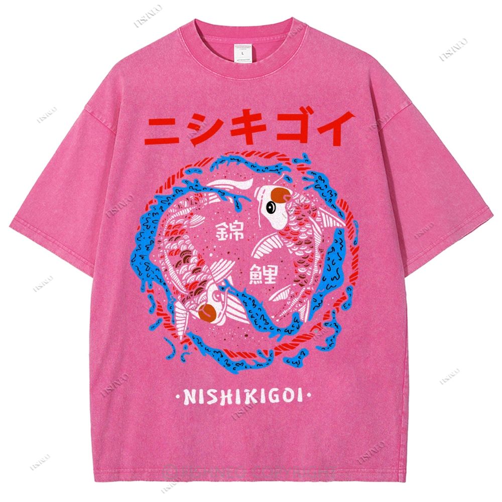 Unisex Japanese Koi Printed Washed Tee
