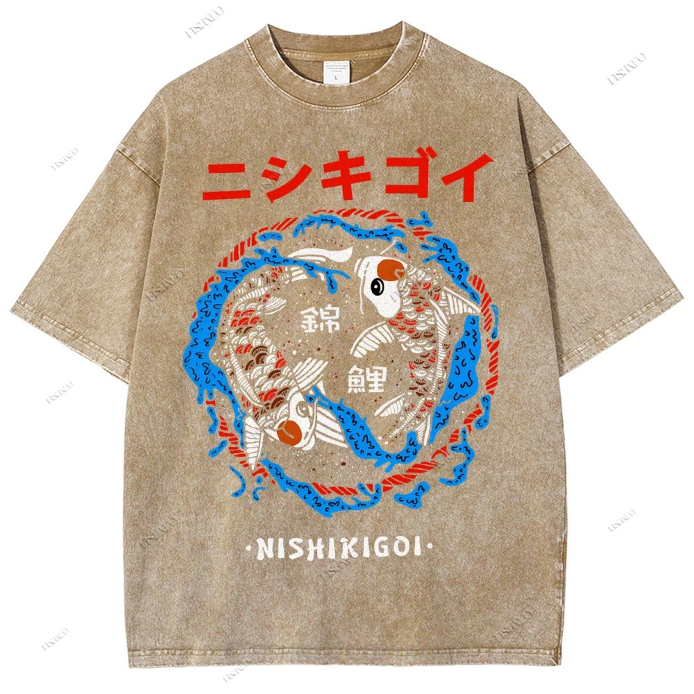 Unisex Japanese Koi Printed Washed Tee