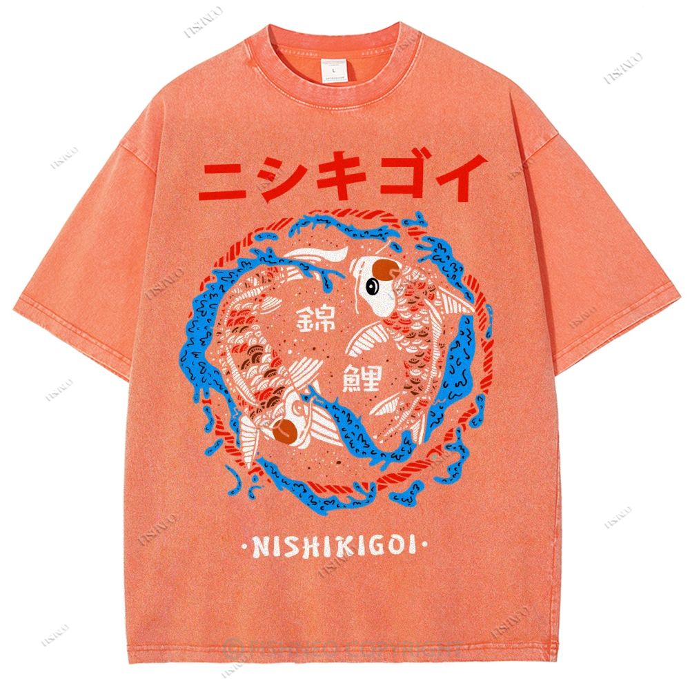 Unisex Japanese Koi Printed Washed Tee