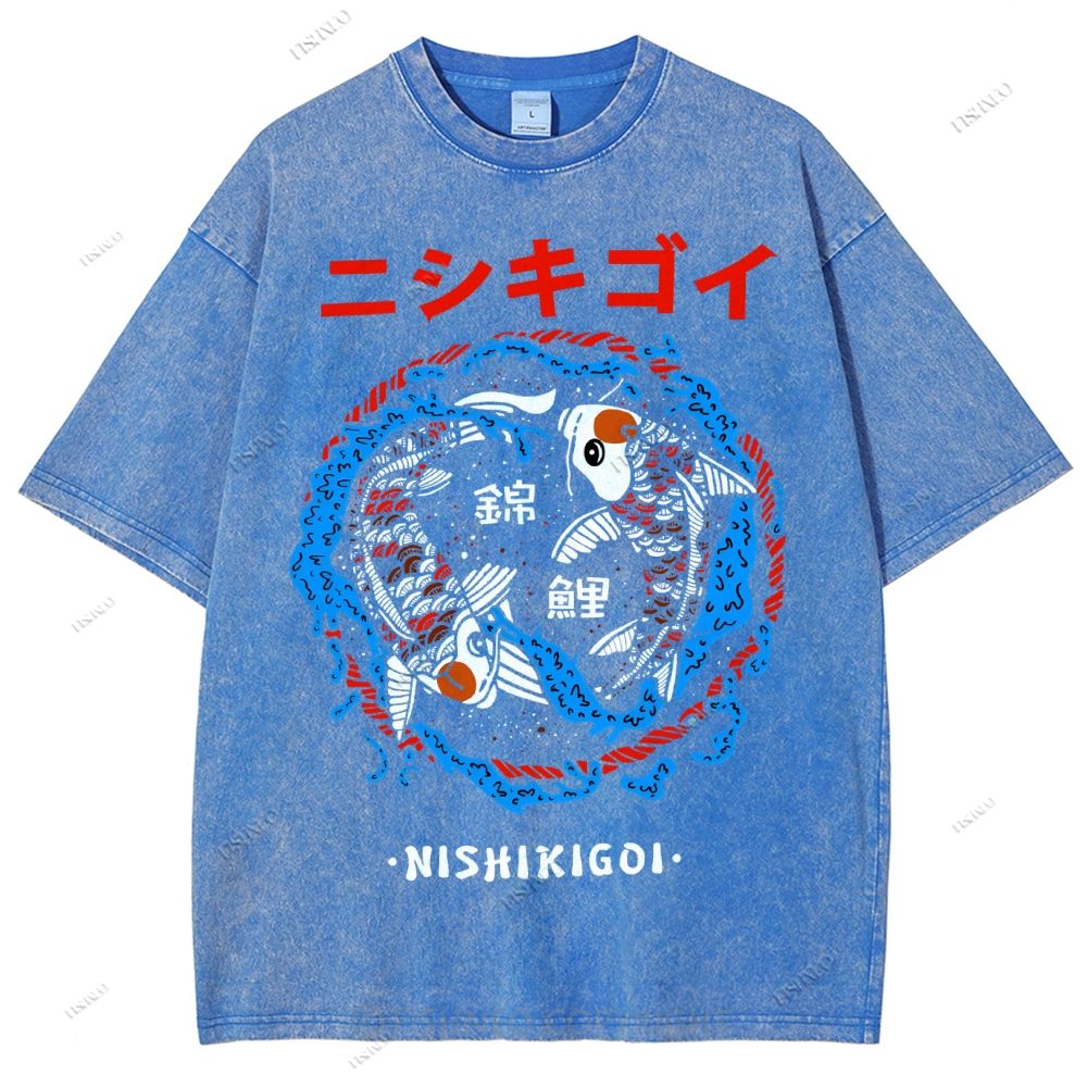 Unisex Japanese Koi Printed Washed Tee