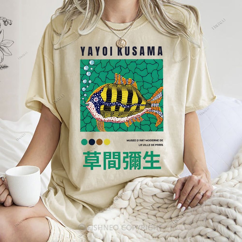 Unisex Artistic Geometric Fish Printed Washed Tee