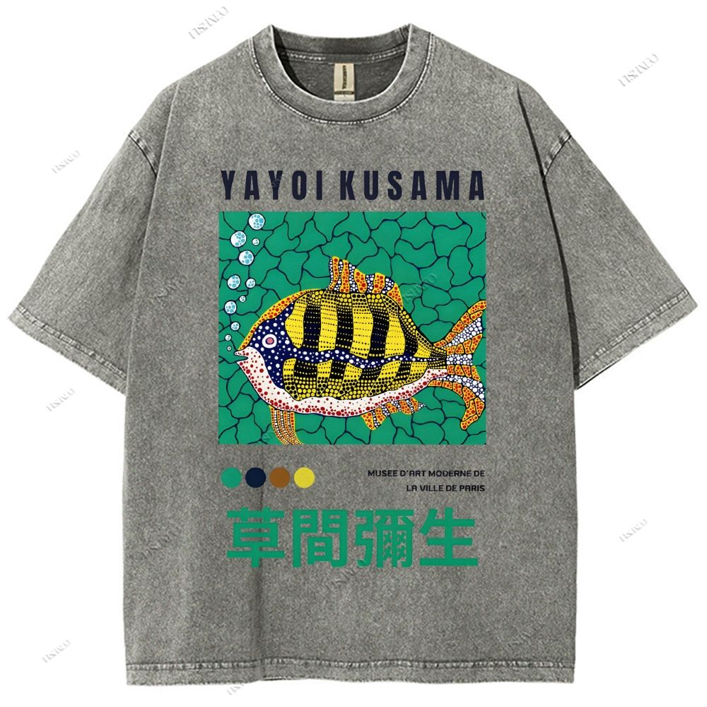 Unisex Artistic Geometric Fish Printed Washed Tee
