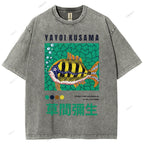 Unisex Artistic Geometric Fish Printed Washed Tee
