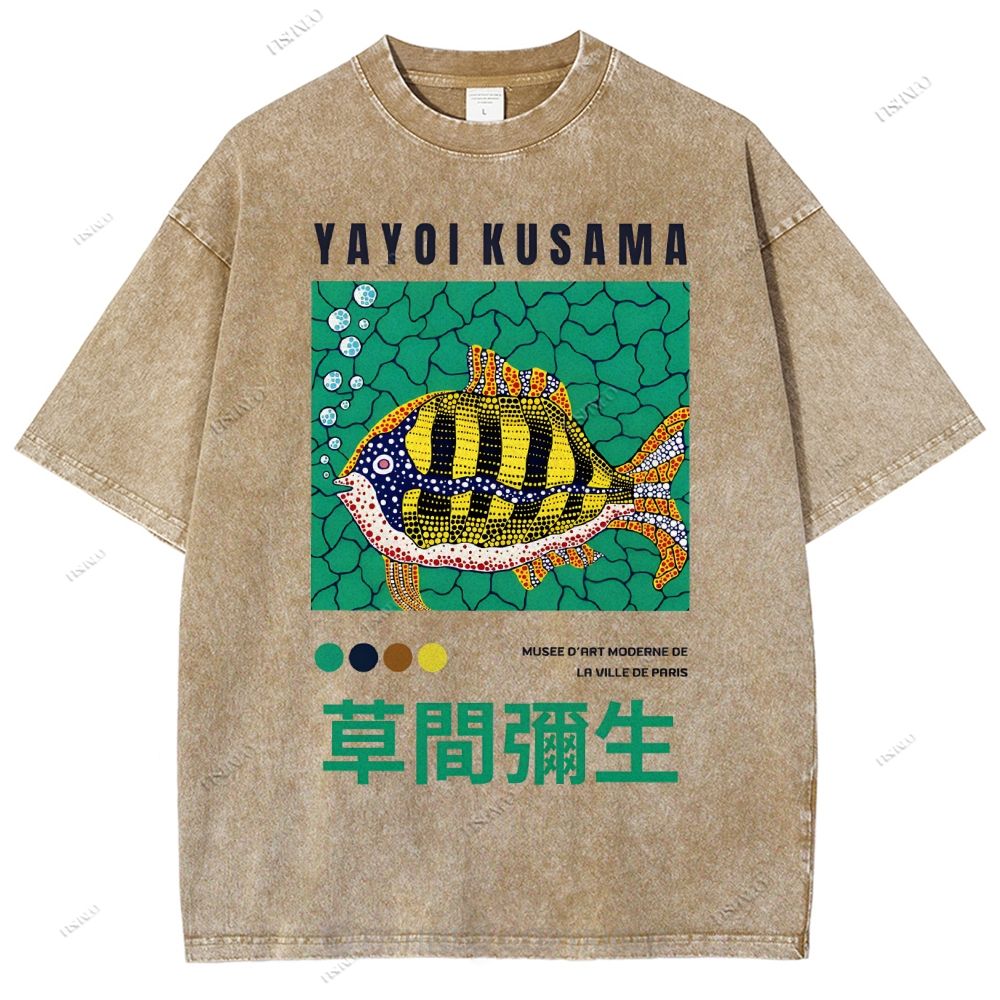 Unisex Artistic Geometric Fish Printed Washed Tee