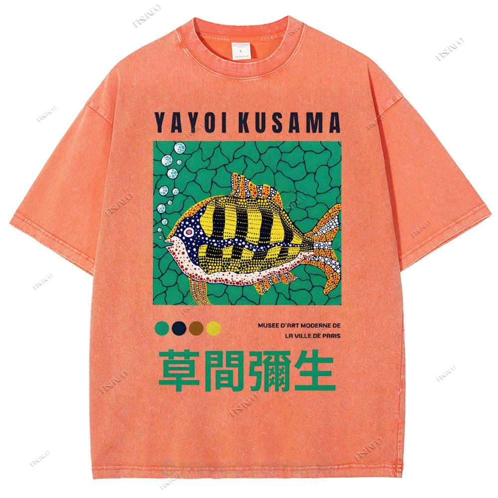 Unisex Artistic Geometric Fish Printed Washed Tee