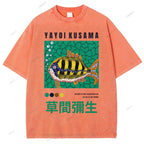 Unisex Artistic Geometric Fish Printed Washed Tee